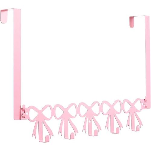 Pink Bow Over The Door Hooks Hanger Wall Mount Towel Hanger Door Holder Organizer 5 Hooks Kawaii Farmhouse Rustic Coquettish Style Decor for Bedroom Bathroom Towel Hat Clothes
