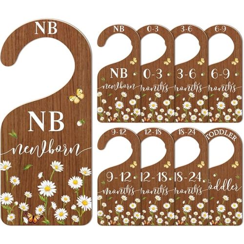 Whaline 8Pcs Vintage Wildflower Hanging Wood Baby Closet Size Dividers and Organizer - Newborn to 24 Months - Thicken Wardrobe Organizer for Home Nursery