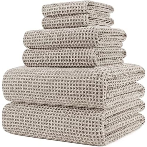 POLYTE 430 GSM Microfiber Quick Dry Lint Free Oversize Bath Towel Set, 6 Piece (Waffle Weave)