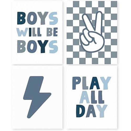 HRQKO Blue Checkered Nursery Decor Prints Set of 4, Room Decor for Boys, Kids Positive Will Be Boys Posters, Wall Decor for Play Room 8"x10" Unframed