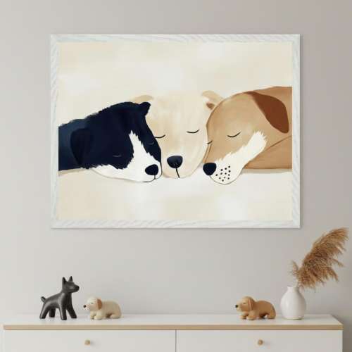 Sleeping Puppies Framed Wall Art: Cozy Nursery Decor in Soft Neutrals