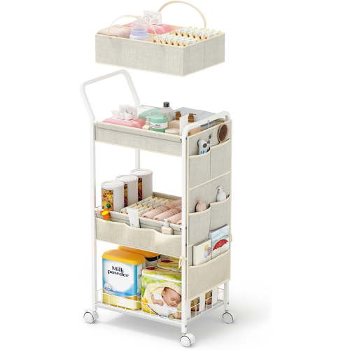 3-Tier Diaper Caddy Organizer - Rolling Utility Baby Cart with Basket and Side Pockets for Nursery and Baby Essentials, Multi-Function Cart for Bedroom and Bathroom, Begie