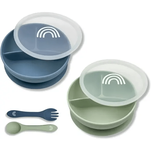 Hippypotamus Suction Bowls with Lids & Utensils - Baby & Toddler - 100% Food-Grade Silicone Divided Bowls - BPA Free - Dishwasher Safe - Set of 2 (Sage/Fog)