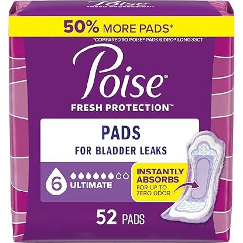 Poise Incontinence Pads & Postpartum Incontinence Pads, 6 Drop Ultimate Absorbency, Regular Length, 52 Count, Packaging May Vary