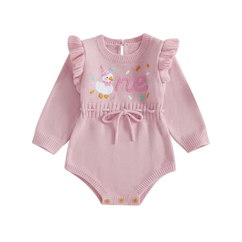 First Birthday Outfit Girl Floral One Embroidered Drawstring Crochet Knit Romper Baby girl 1st Birthday Clothes