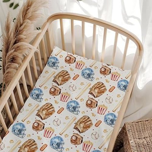 Vintage Baseball Sport Helmets Gloves Fitted Crib Sheet for Baby Girls Boys 28"x52" Baseballs Popcorn Hotdog Baby Sheet for Standard Crib Mattress Patriotic American Sports Mattress Sheets Sport