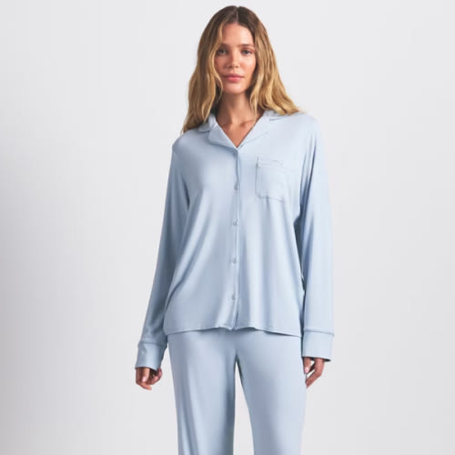 SKIMS SLEEP LONG SLEEVE BUTTON UP SET | ZEN BLUE