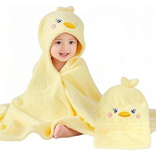 Cute Animal Hooded Baby Towel Soft Coral Fleece Baby Towels with Hood Toddler Bath Towel Large 27 x 55 Inch Ultra Absorbent Hooded Bath Towels for Babies Baby Bath Towel（Yellow）