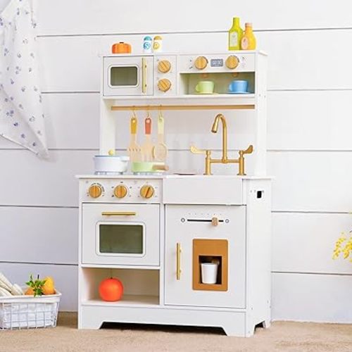White Wooden Play Kitchen for Kids with Ice Maker, Sink, Stove and Storage