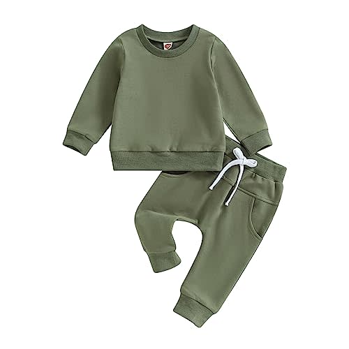 Thorn Tree Toddler Baby Boys Fall Outfits Long Sleeve Pull On Sweatshirt Elastic Waist Pants 2Pcs Solid Clothes Set