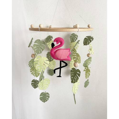 Monstera Wooden Baby Mobile nursery, flamingo gift, Monstera tropical leaves jungle nursery Felt leaf mobile neutral, Flamingo Decor