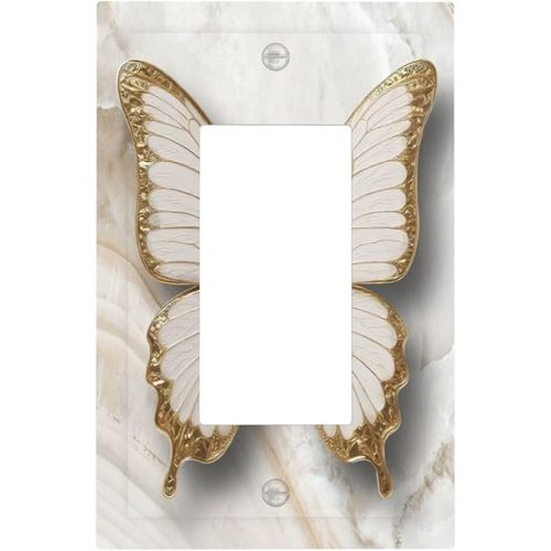 Luxurious White Gold Marble Butterfly Abstract Modern Decorative Outlet Covers 1 Gang Single Rocker Light Switch Cover Plate Wall Plates GFCI Faceplate for Bedroom Bathroom Decor