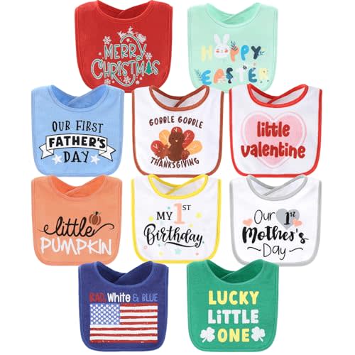 The Peanutshell Baby Boy or Girl Terry Bibs Set of 10-100% Cotton, Soft, Absorbent Baby Bibs, Unisex Toddler Boy or Girl Set, Newborn & Infant - Holiday