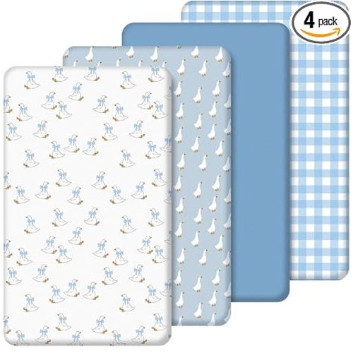 SmoothNovelty 4 Pack Silly Goose Crib Fitted Sheet for Boys Girls, Blue | 52" x 28", Neutral Baby Sheet with Gingham Style, Nursery Decor for Standard Mattress, Microfiber Soft Breathable