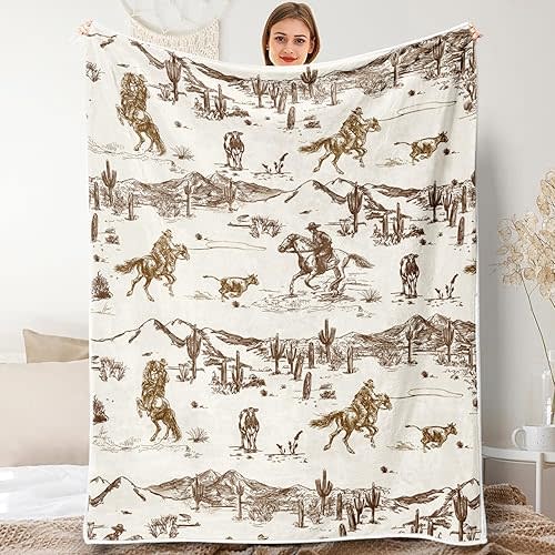 Western Cowboy Throw Blankets, Vintage Wild West Flannel Warm Soft Cozy Fluffy Bed Couch Blanket, Country American Theme White Fleece Throws to Decoration The Room and Bedroom 50 x 60