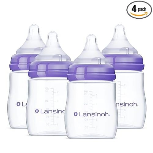Lansinoh Anti-Colic Baby Bottles, BPA-Free Plastic, 5 Ounces, 4 Count, Slow Flow Nipples (Size S), Breastfeeding Bottle with NaturalWave Design