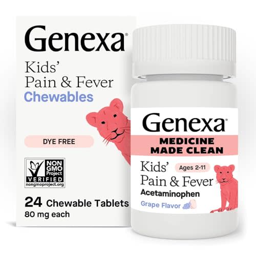 Genexa Kids’ Clean Pain & Fever Acetaminophen Chewables, Dye Free, 0% Artificial Additives, Delicious Grape Flavor, Chewable Medicine for Children 2-11, 80 mg per Tablet, 24ct