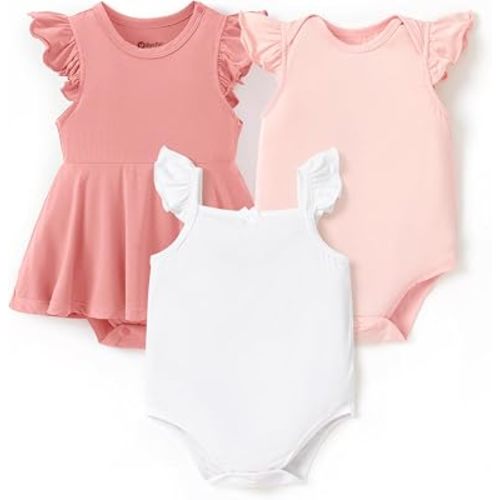 PATPAT Baby Girl Bamboo Viscose Bodysuits Set, 3-Pack