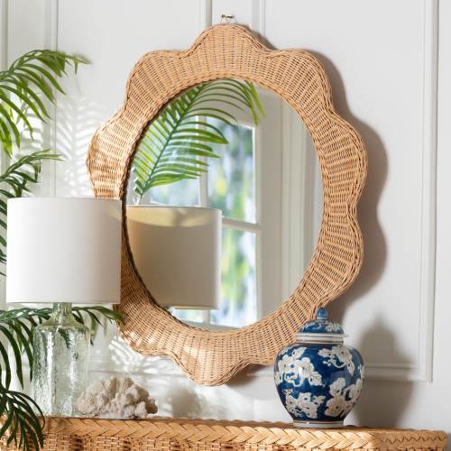 Makoto Scalloped Natural Rattan Wall Mirror - Handwoven Wicker Round Frame, Boho Coastal Accent Decor for Entryway or Bedroom