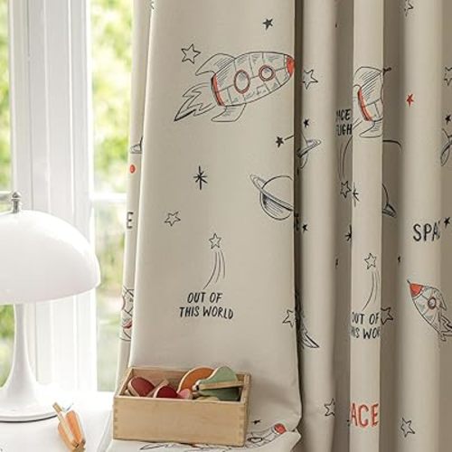 Space Theme Blackout Curtain for Kids Room Nursery Rocket Spaceship Stars Pattern Drapes for Bedroom Universe Space Flight Planet Room Darkening Window Curtain Grommet Top 1 Panel W39 x L63 Inch