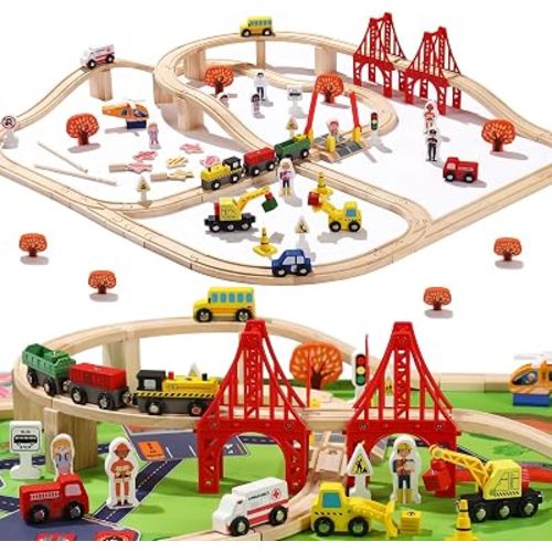 100 Pcs Wooden Train Track Set, Toy Train with Tracks for Kids Ages 3-10, Compatible with Major Brands, Railway Playset for Boys and Girls Birthday Gift