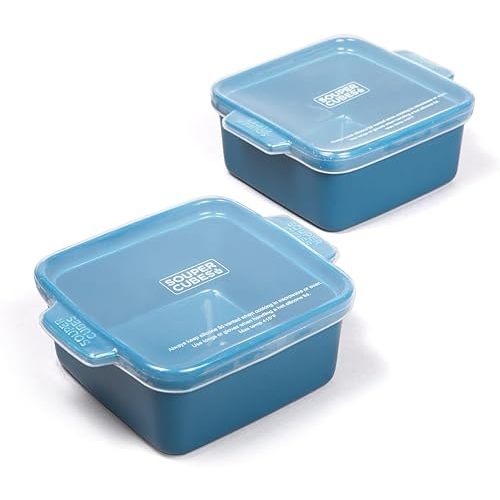 Souper Cubes Stoneware - 5" x 5" Baking Dishes for Oven with Silicone Covers, Premium Mini Ceramic Baking Dishes, Perfect for Reheating Individual Portions in Oven or Microwave, Set of 2 - Blueberry