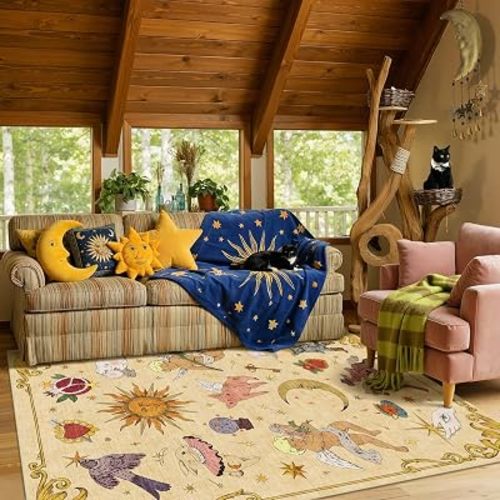 5x7 Celestial Sun Moon Unique Fresh Butter Yellow Soft Washable Area Rug