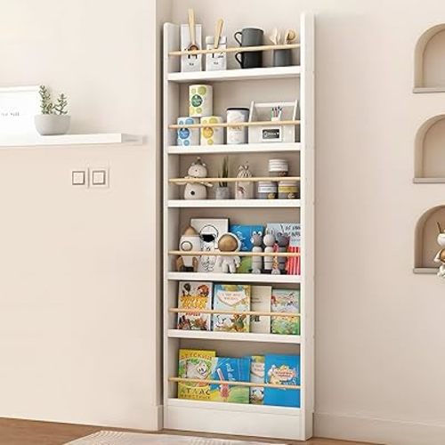 Behind The Door Bookshelf, Behind Door Bookshelf, 6-Tier Book Shelf, Narrow Thin Bookshelf for Kids, Space Saving, Anti-tip, Wall Mounted Book Toy Organizer for Bedroom, Living Room, Office