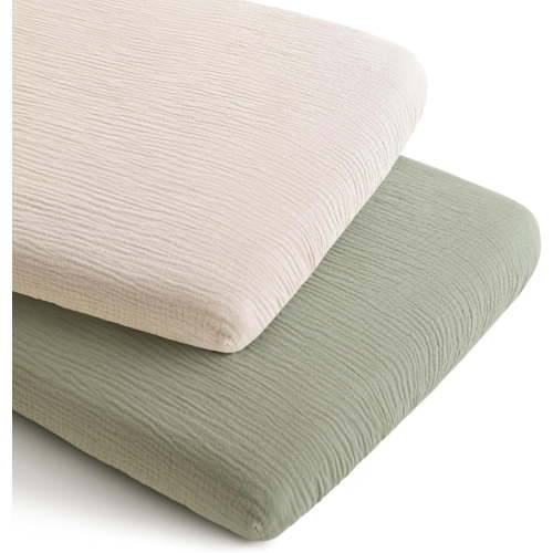 2 Pack Muslin Bassinet Sheets for Boys, Girls, 100% Cotton Soft Breathable Fitted Bassinet Mattress Sheet, 33 x 21 inches (Fog Green,Cream)