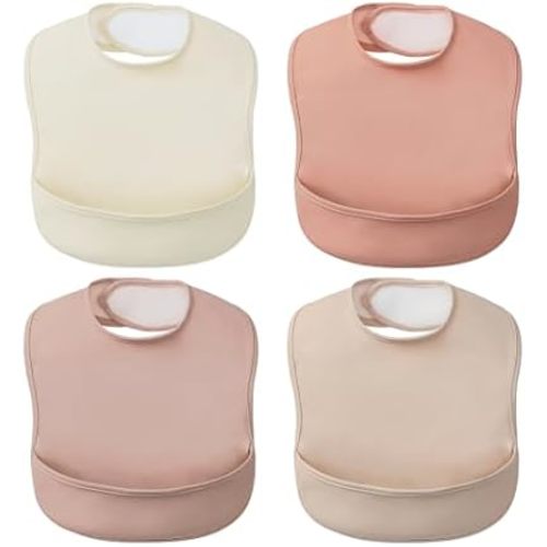 POIKSHARK 4-Pack Waterproof Baby Feeding Bibs with Large Food Catcher – Toddler Apron for Eating, Easy to Put On & Clean, Baby Eating Essentials, Baby Shower (Pink)