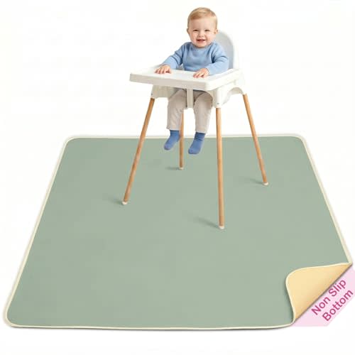 Basumee Splat Mat for Under High Chair, Waterproof & Mess-Proof Floor Mat | 46"×42" Baby Splash Mat, Non Slip Bottom, 4-Layer Fabric, Food & Liquid Catcher, Machine Wash for Boy Girl, Meals, BLW, Craft