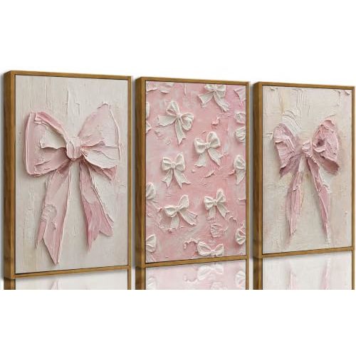 Framed 3D Textured 3Pcs Vintage Trendy Pink Bow Canvas Wall Art | Cute Preppy Watercolor Bow Pictures Wall Decor Posters Prints Girly Aesthetic for College Apartment Bedroom Decoration
