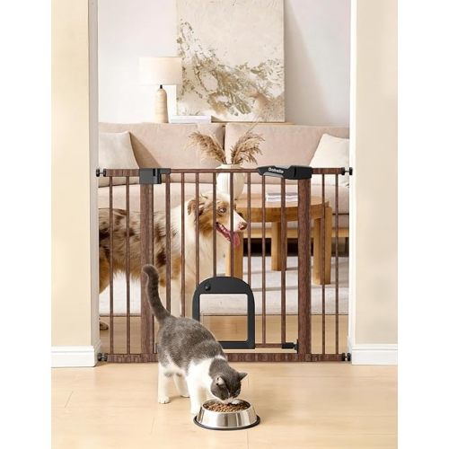 Babelio CatPrivilege Ⅲ Baby Gate with Cat Door, 29"-43" Adjustable Black Wood Pattern Pet Door, 30" Tall Pressure Mounted Safety Gate for Stairs & Doorways, Auto Close,Wall Protectors Included