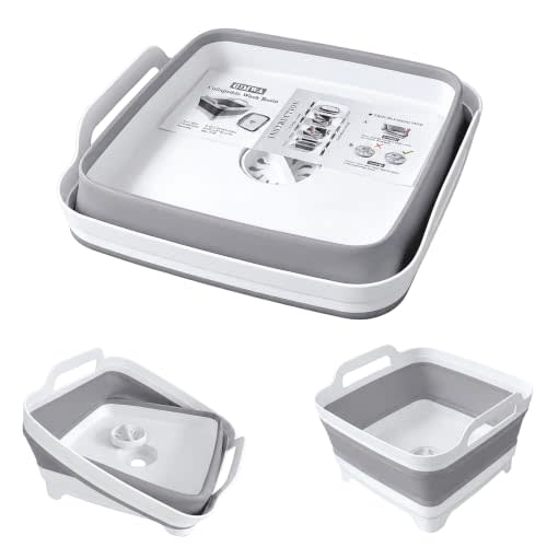 GIMWA 2.4Gal Collapsible Dish Basin with Drain Plug, Baby Bottle Wash Basin | Collapsible Dish Basin for Kitchen, Space-Saving Portable Sink for Camping, RV, Laundry, Fruit & Vegetable Washing