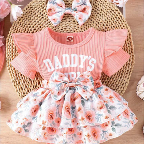 2pcs/Set Cute And Soft Baby Girl Dress With Letter Slogan And Floral Print Design, Solid Color Bodysuit And Hairband, Perfect For Casual, Daily, Vacation And Outdoor Activities | SHEIN USA
