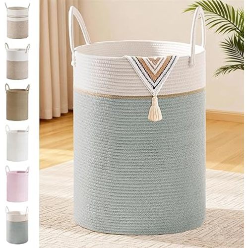 Tall Laundry Basket with Handles, 100L Portable Dirty Clothes Hamper, Boho Cotton Rope Storage Bin for Blankets Kids Toys Gifts, Extra Large Organizer for Nursery Bedroom Bathroom, Sage Green
