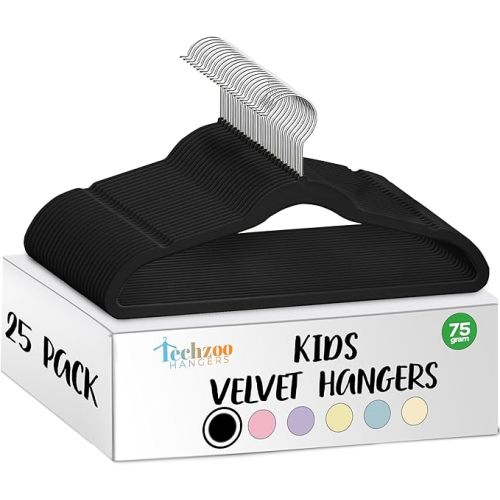 25 Premium Kids Velvet Hangers - 14" Non-Slip Clothes Hangers for Kids & Preteens - Ultra Slim, Space-Saving, Strong & Durable Hangers with 360° Swivel Hook - Black