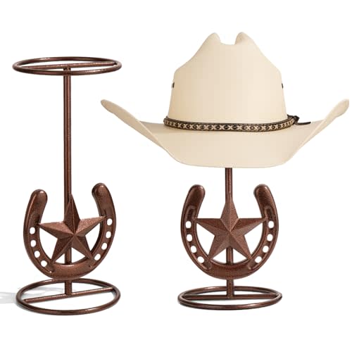 Cowboy Hat Stand, Hat Display, Western Horseshoe Decor, Cowboy Hat Holder | Hat Stands for Display Tabletop, Cowboys Gifts for Men, Desk Hat Rack for Fedora, Sun Hats,Straw Hats, Iron, Bronze, 2 Packs