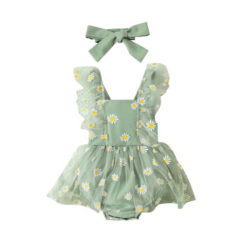 Bagilaanoe Newborn Baby Girl Rompers Dress Daisy Print Ruffle Sleeve Bodysuit + Headband 3M 6M 9M 12M Infant Summer A-Line Dress