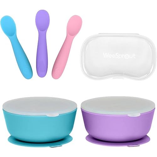 WeeSprout 2 Suction Bowls & 3 Baby Spoons with Travel Case Bundle - Silicone Baby Feeding Essentials - Leak-Proof Bowls with Lids - Soft Self-Feeding Spoons - Dishwasher Safe Toddler Dinnerware