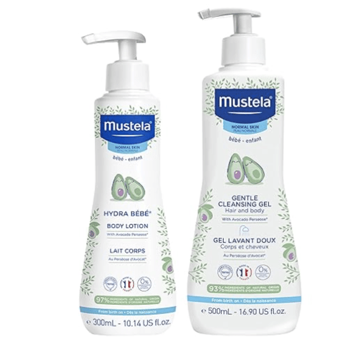 Mustela Baby Bath Time Gift Set - Baby Skin Care Essentials with Natural Avocado - Contains Hydra Bebe Body Lotion 10.14 fl. oz. & Gentle Cleansing Gel 16.9 fl. oz. - 2 Items Set