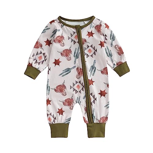 Lamuusaa Western Baby Girl Boy Clothes Long Sleeve Cow Print Romper Zipper Bodysuit Jumpsuit One Piece Fall Winter Outfit (Light Pink, 3-6 Months)