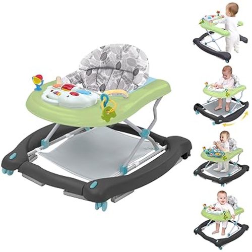 5 in 1 Foldable Baby Walker, Activity Baby Walker-Baby Bouncer, Rocker, Activity Center,Seat and Push Walker,Detachable Trampoline Mat, Adjustable Speed Rear Wheels and Height,Ages 6-18 Months(Green)