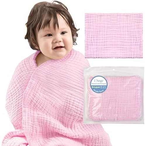 L'Ange Baby Bath Towel - 9 Layers 100% Cotton Muslin, Super Quick Dry, Medical Grade Packaging for Infants and Newborns - 28 x 47in - Pink