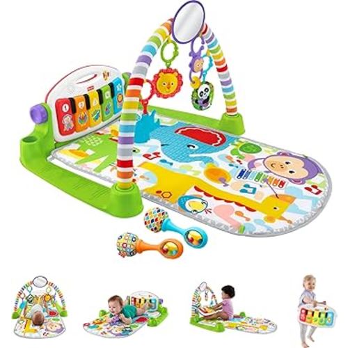 Fisher-Price Baby Playmat Deluxe Kick & Play Piano Gym Learning Toy & 2 Maracas Soft Rattles for Newborn to Toddlers Ages 0+ Months