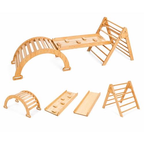 Avenlur Hazel 5-in-1 Indoor Climbing Gym - Waldorf and Montessori Climbing Set with Triangle Ladder, Climbing Ramp, Arch Climber, Rocker, and Slide - Montessori Toys for Children 18mo to 7yr (Natural)