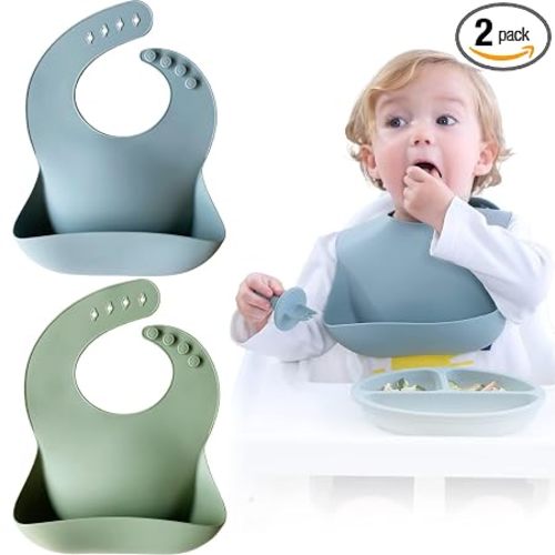 Moonkie Silicone Baby Bibs Set of 2, BPA Free Waterproof Baby Bibs for Eating, Soft Adjustable Silicone Bibs for Babies 6-12 Months, Toddler Bibs with Large Pocket Food Catcher (Ether/Sage)