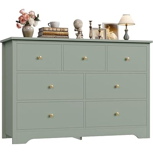 FOTOSOK Green Dresser 7 Drawer with 19'' Deeper Depth, 47.2'' Green Chest of Drawers Modern Dresser with Metal Handles, Dresser Chest of Drawers with Large Drawer Storage Space for Home