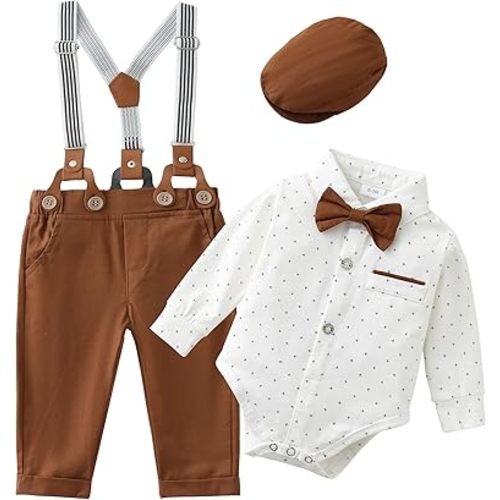 ZOEREA Baby Boy Suit 0-24M Gentleman Outfit Clothes Set Infant Long Sleeve Dress Shirt+Suspender Pants+Bowtie+Beret Hat
