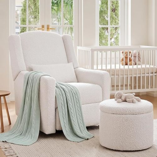 Power Recliner Chair Swivel Gilder Rocking Chairs Skin-Friendly Power Recliner Nursery Chair for Adults with Waist Pillow, USB Charging, Ottoman (Beige, Recliner Chair with Ottoman)